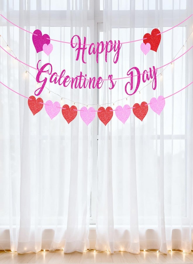 Lecheme Happy Galentine's Day Banner Red Pink Glitter Galentines Heart Banner for Girl Day Heart Sign for Galentines Party Decorations - Image 2